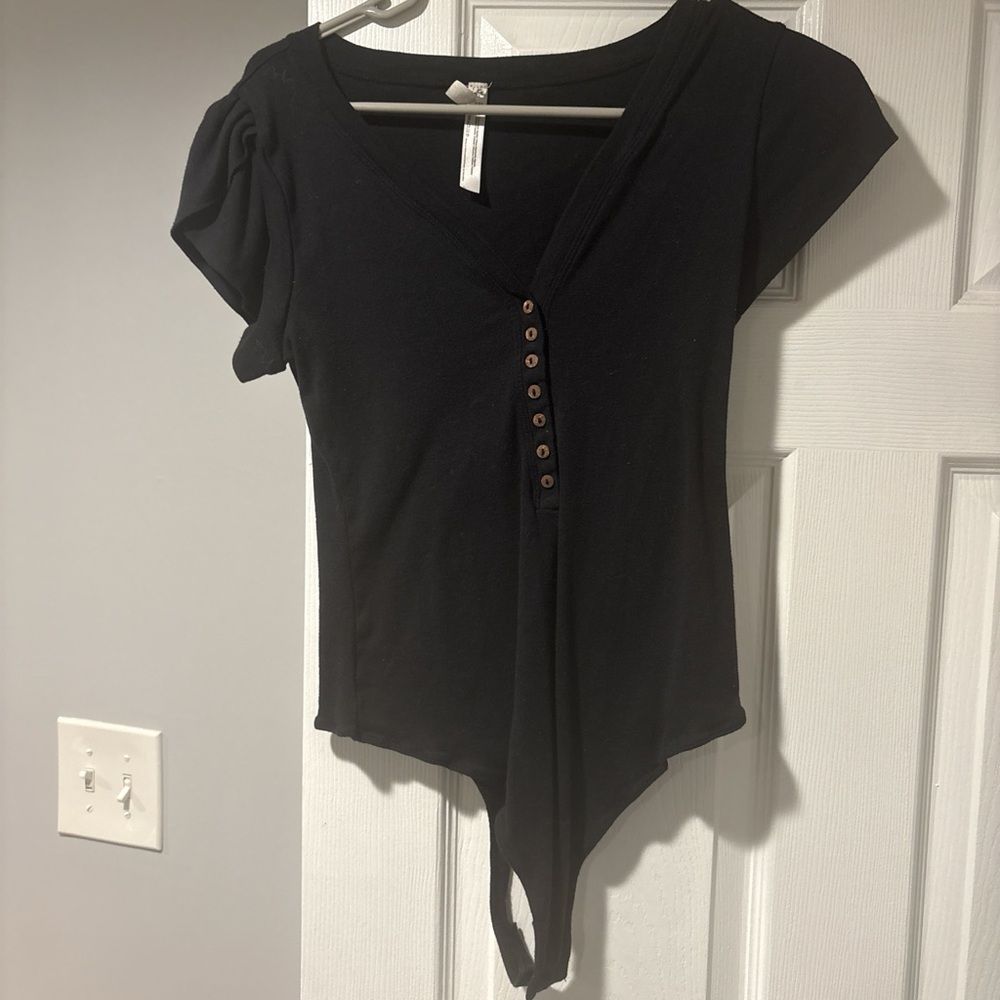 Free People Black V-Neck Button Front Bodysuit